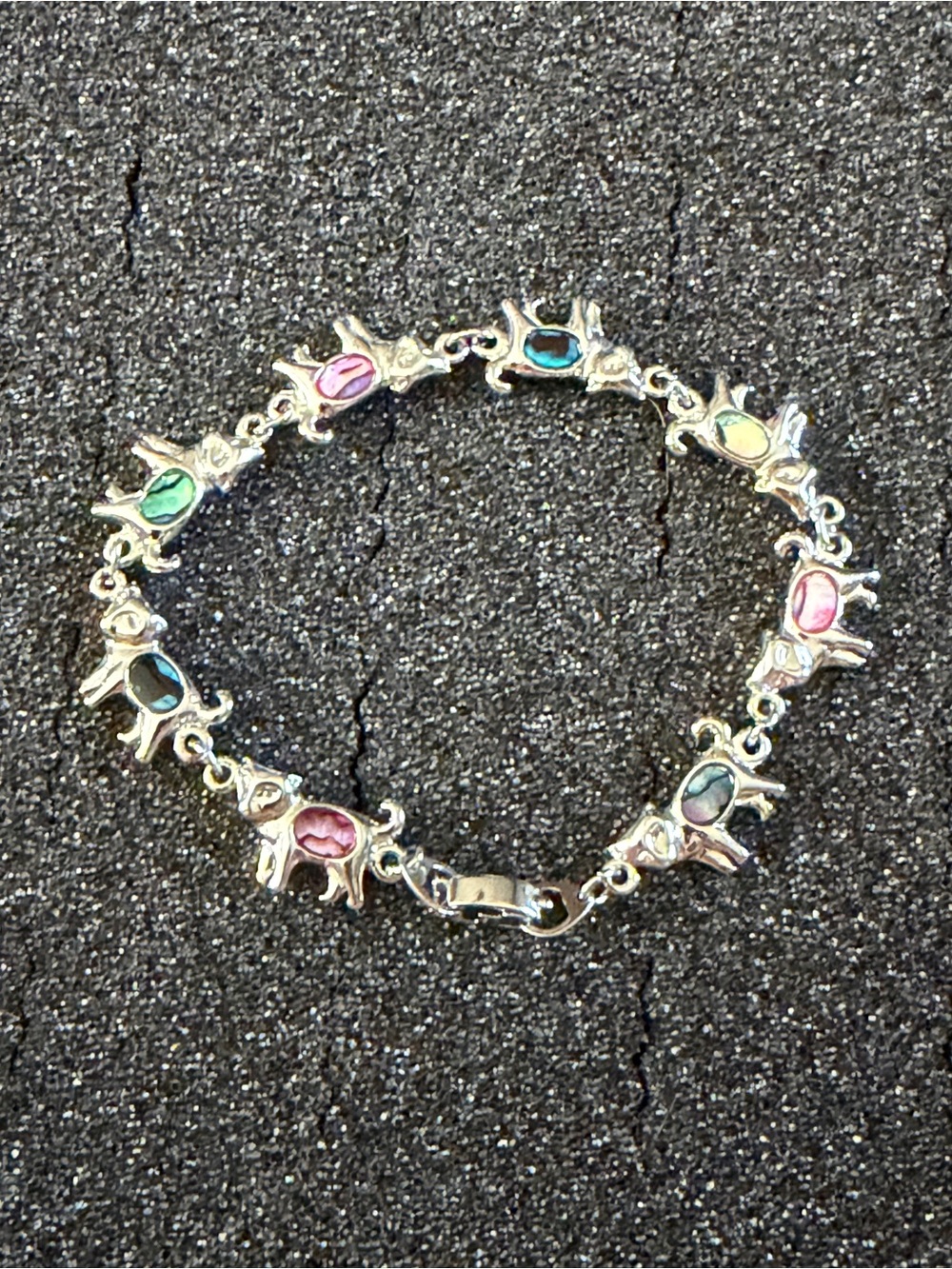Vintage Cat Charm Abalone Shell Silver Tone Bracelet